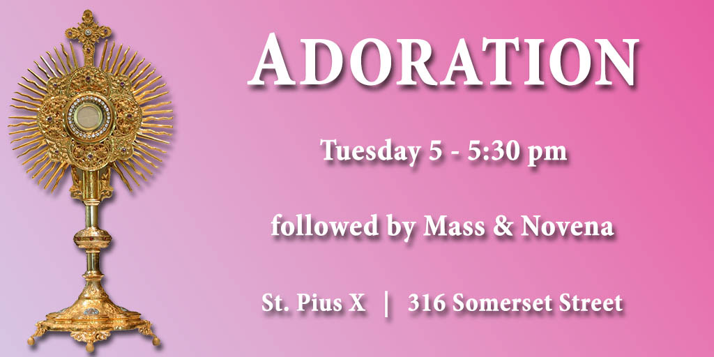 Adoration
Tuesday 5 - 5:30 pm followed by Mass & Novena
St. Pius X, 316 Somerset St.
